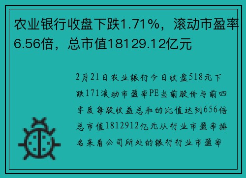农业银行收盘下跌1.71%，滚动市盈率6.56倍，总市值18129.12亿元