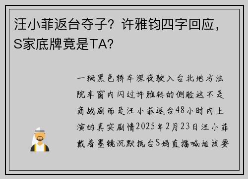 汪小菲返台夺子？许雅钧四字回应，S家底牌竟是TA？
