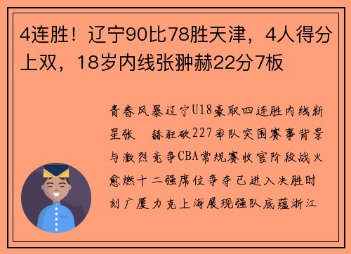 4连胜！辽宁90比78胜天津，4人得分上双，18岁内线张翀赫22分7板