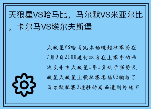 天狼星VS哈马比，马尔默VS米亚尔比，卡尔马VS埃尔夫斯堡