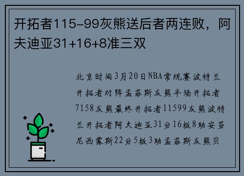 开拓者115-99灰熊送后者两连败，阿夫迪亚31+16+8准三双