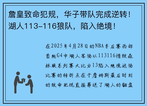 詹皇致命犯规，华子带队完成逆转！湖人113-116狼队，陷入绝境！